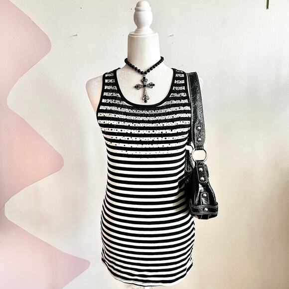 Y2K Black Striped Mini Dress, Goth Grunge 2000s Edgy Indie Sleaze - Picture 1 of 5